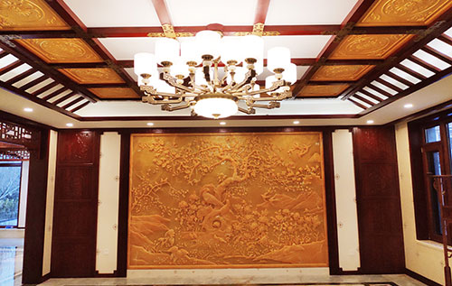 南宝镇中式别墅客厅中式木作横梁吊顶装饰展示